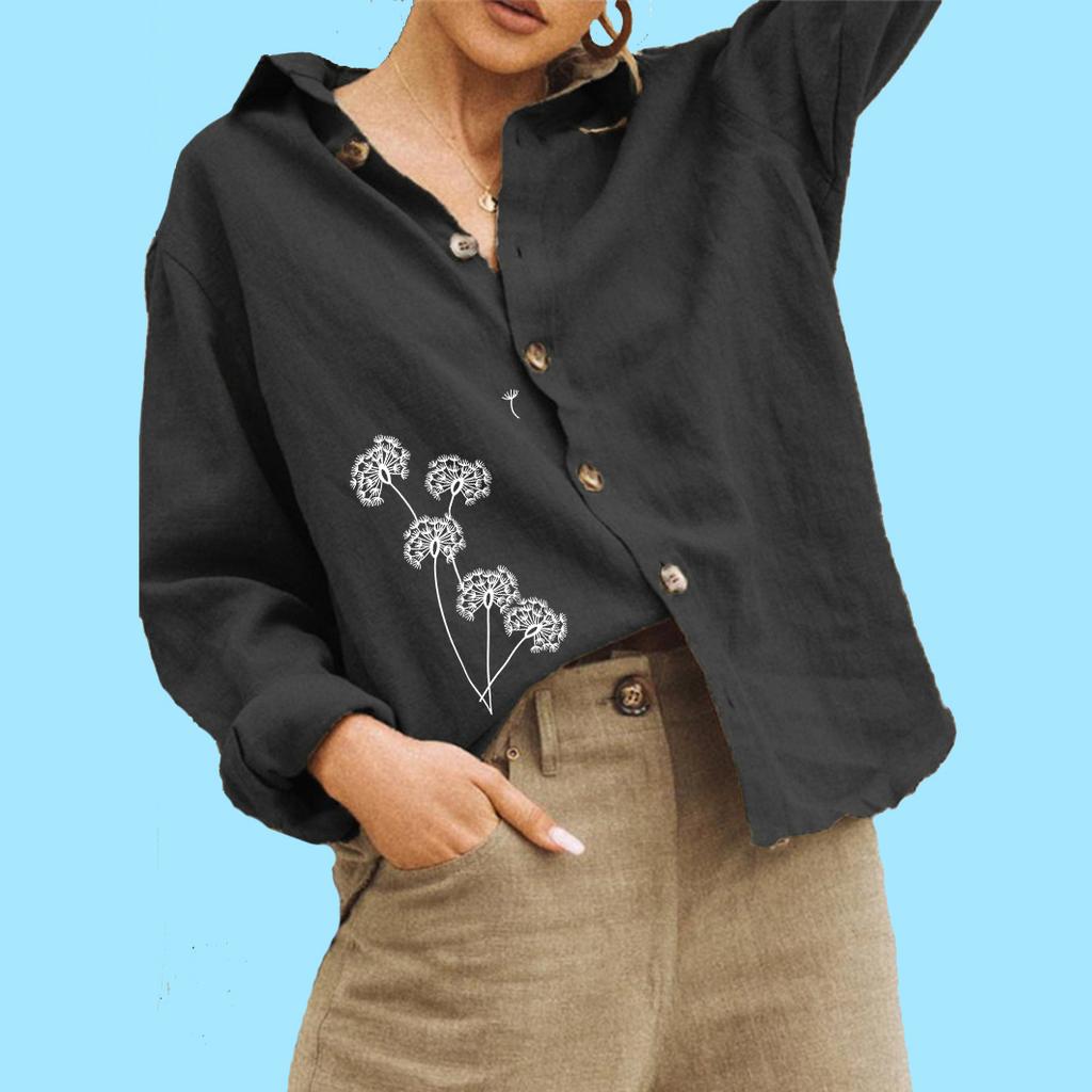 Moda Donna Blusa Stampa Floreale Estate&Autunno Camicia Casual in Lino Top Manica Lunga Abbottonato Largo da Donna