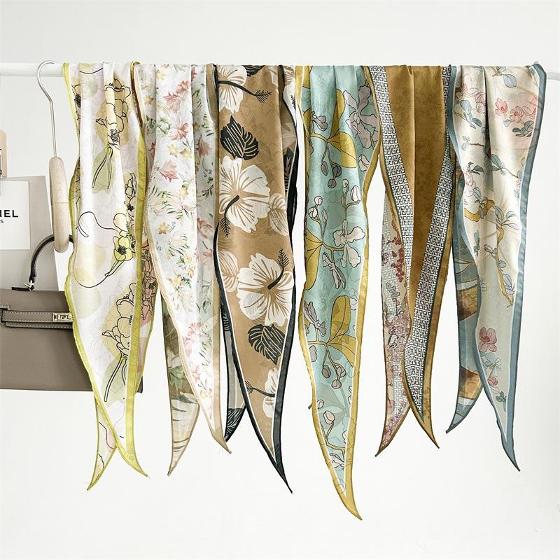 Spring and summer pastoral flower rhombus scarf dark pattern jacquard simulation silk scarf women's neck temperament small scarf tied bag
