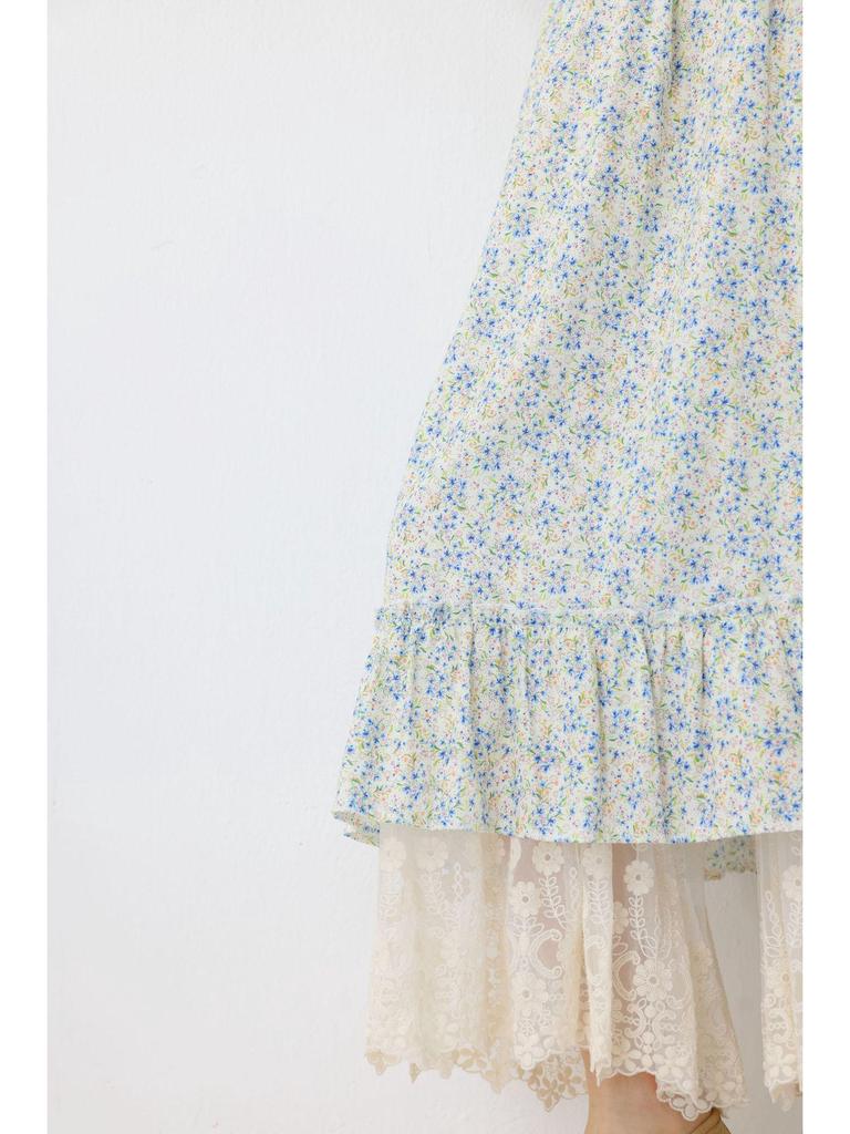 Spring Women's Mori Style Floral Cotton Linen Long Dress with Ruffle Patchwork
