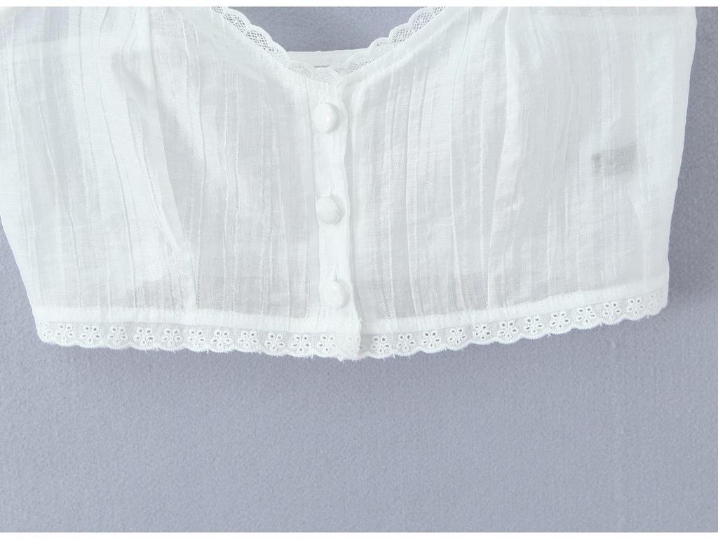 2026 Women's Embroidered Two-Piece Set: Sweet & Spicy Slim Fit Puff Sleeve Lace-Up Shirt + Short Camisole Vest
