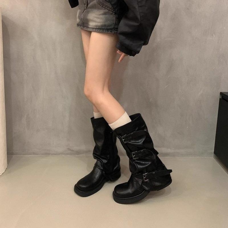 Fashion New Style Women's Hot Sale Knee High Heels Low Heels Trend Punk Goth Rock Leather Fashionable Women Boots Motorcycle Shoes Boots