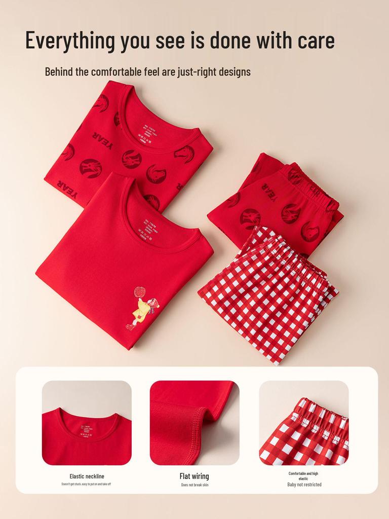Children's Year of the Dragon Red Cotton Base Layer Set - Autumn/Winter Pajamas for Boys and Girls