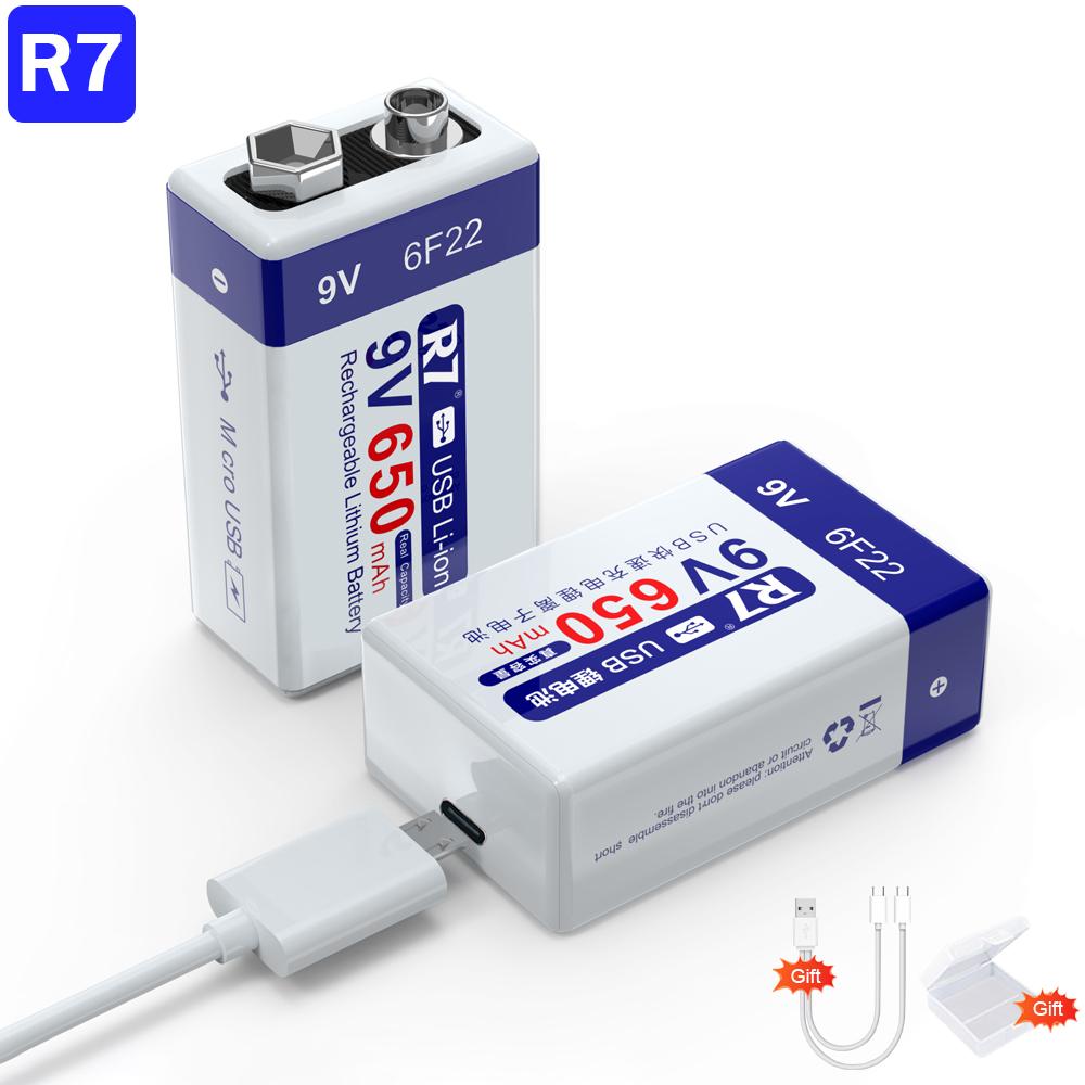 R7 9V USB Batteries 6F22 Rechargeable Batteries 650mAh Lithium Batteries Multifunctional Energy Batteries for KTV Microphone Metal Detector