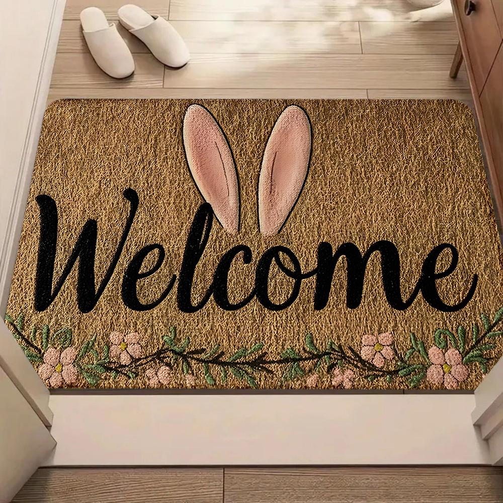 Cute Easter Rabbit Ear Welcome Doormat Letter Flowers Decor Soft Non-slip Entrance Rug Holiday Hallway Living Room Decor Carpet
