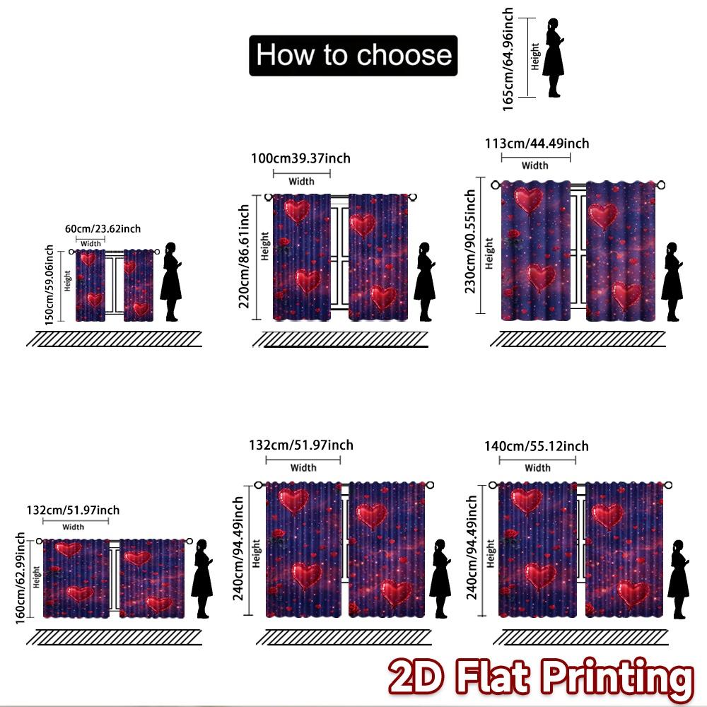 2D Flat Printing 2pcs Curtain Drapes Valentine's Day Hearts Digital Printed Polyester Drapes Seasonal Party & Holiday Decor for