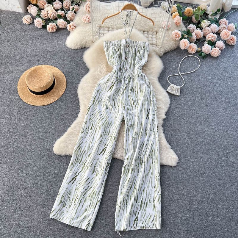 Spring and Summer New Holiday Travel Hot Street Tie-Dye Sling Fashion Chiffon Drape Halter Wide Leg One-Piece Long Pants