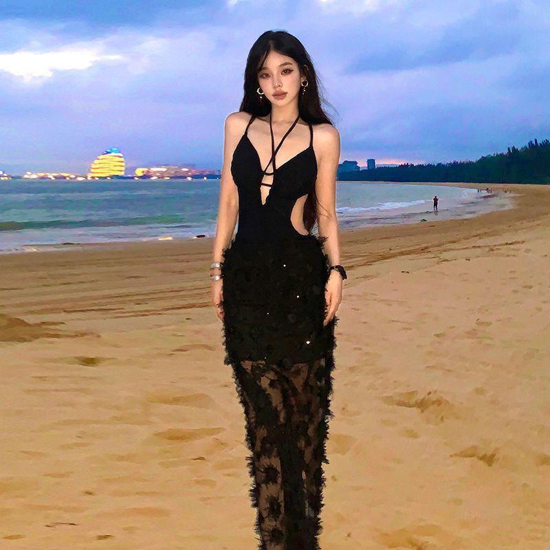 

Black Sexy V-neck Triangular One-piece Slimming Belly-covering Heavy Industry Feather Long Dress Backless Seaside Vacation Swimsuit Women s XL чёрный