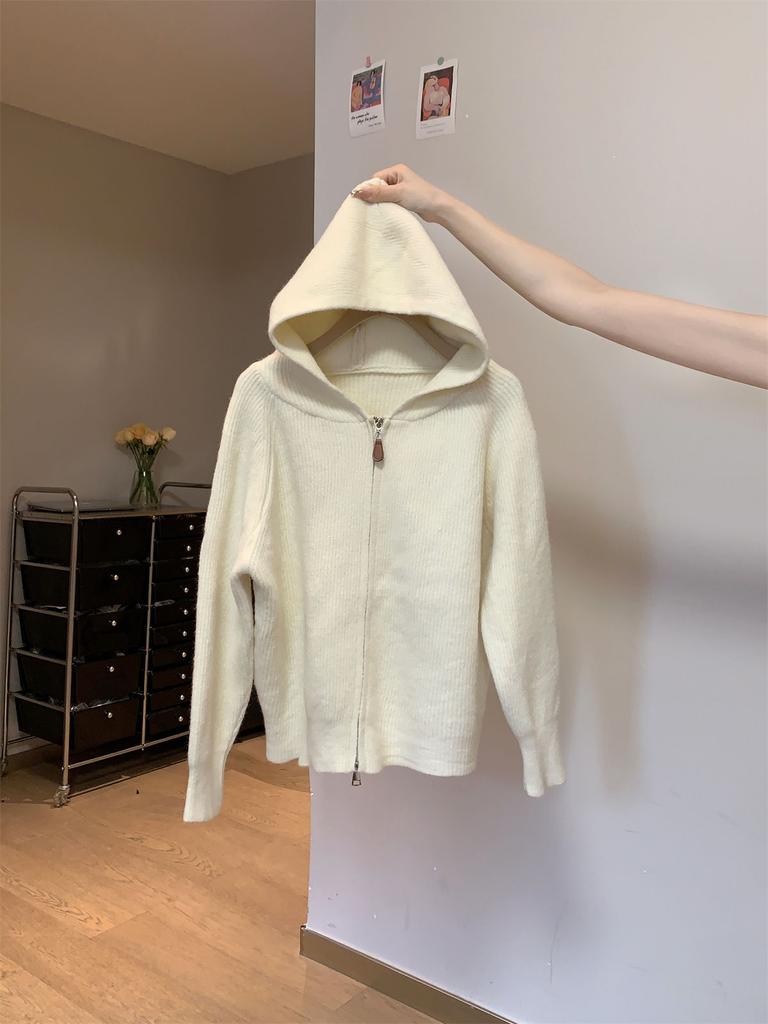 Soft waxy hooded double zipper knitted sweater women's autumn and winter casual lazy style large version long-sleeved jacket high-end top