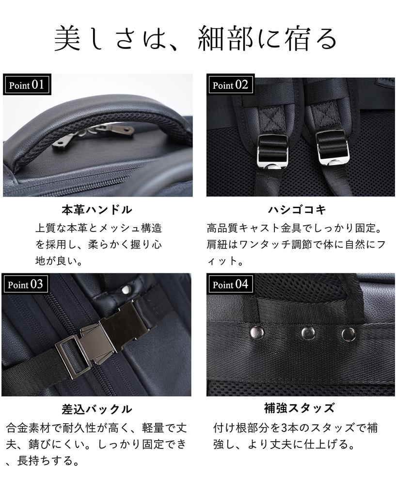 Masa Kawa Men's Genuine Leather Business Backpack, Square Design, 3-Way Expandable Capacity, Fits 15.6-inch PCs, YKK Zippers, Anti-Theft, Waterproof,