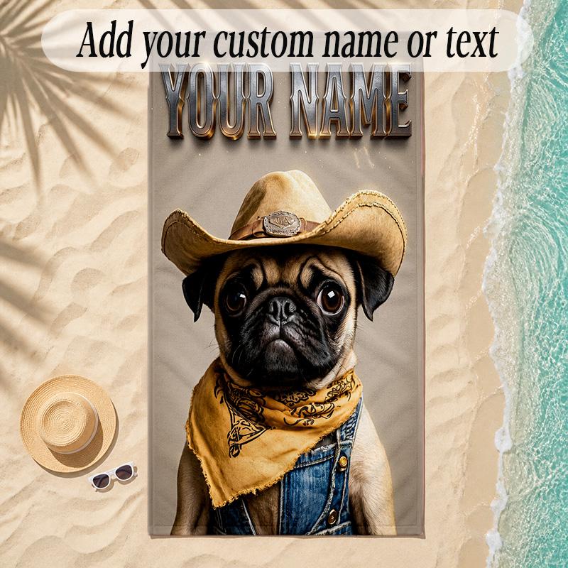 Pug Theme Soft Beach Towel Personalized Custom Name Text Towel Portable for Beach Pool Travel