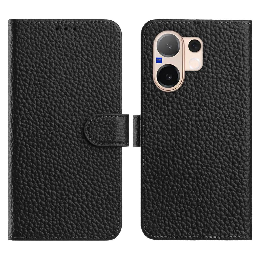 For vivo V60 5G Case Wallet Stand Litchi Texture Genuine Cow Leather Flip Phone Cover