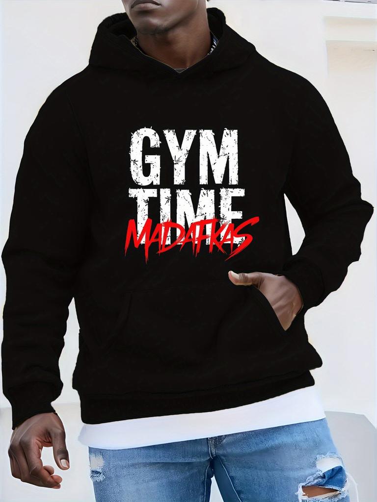 Plus Size Edgy Gym Time Madafkas Bold Text hoodie - Black Geometric Print Loose Fit Casual Pullover