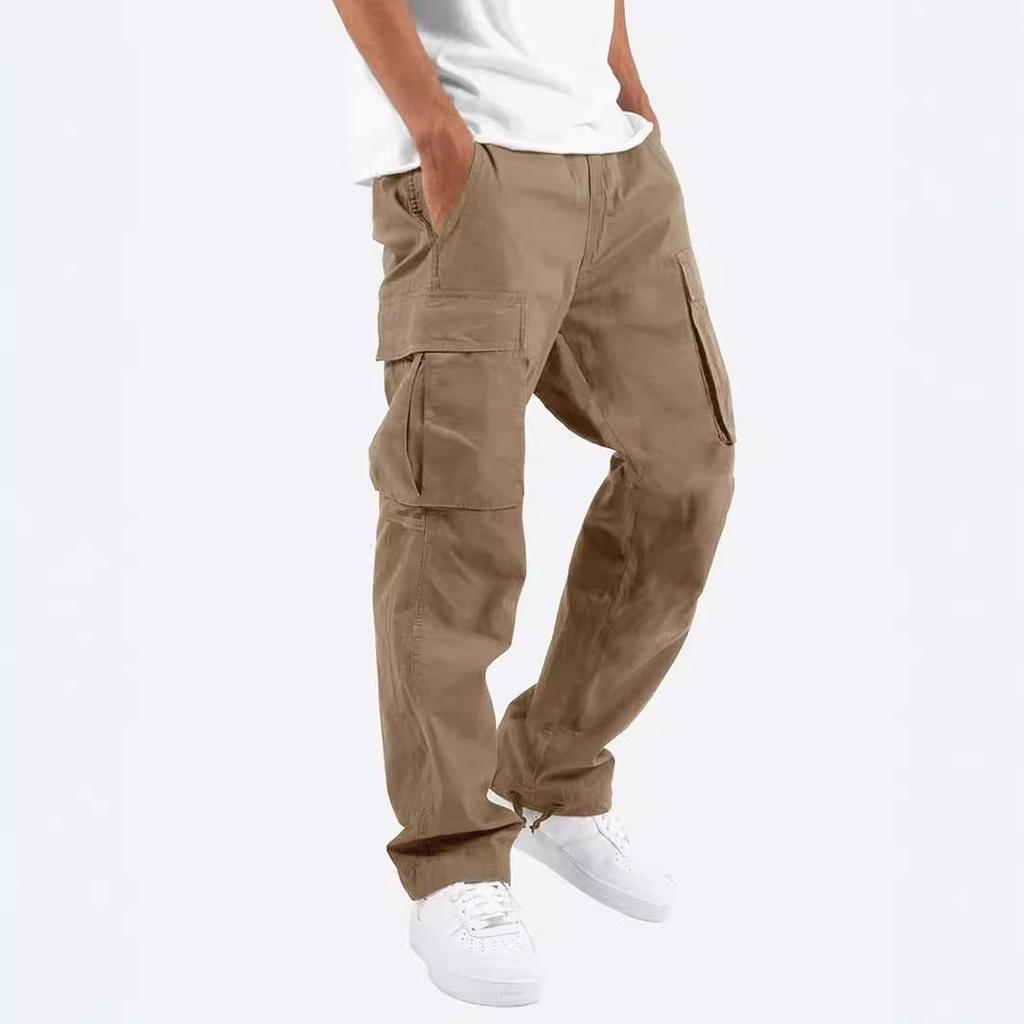 Summer Men's Casual Work Pants Drawstring Multi-Pocket Straight Leg Polyester Fiber Commute Style Mid Waist Trousers