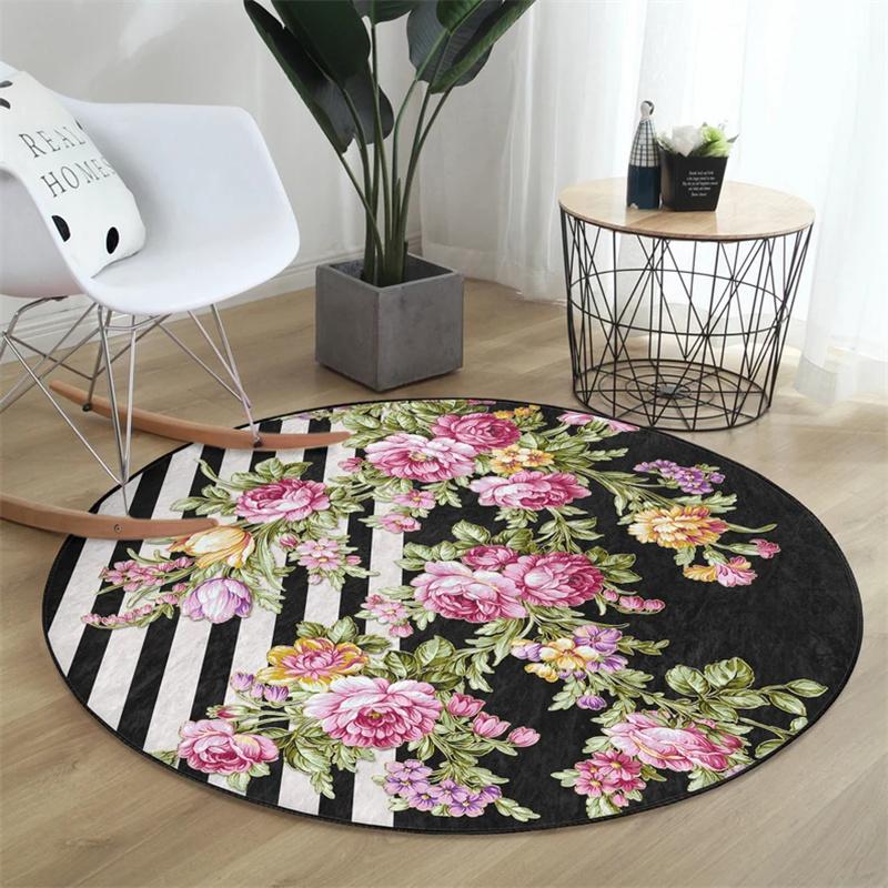 Sicksack Rund Matta Randig Golvmatta Blomma Halkfri Cirkelmatta Prästkrage Halkfri Matta Fjäril Svarta Mattor för Vardagsrum