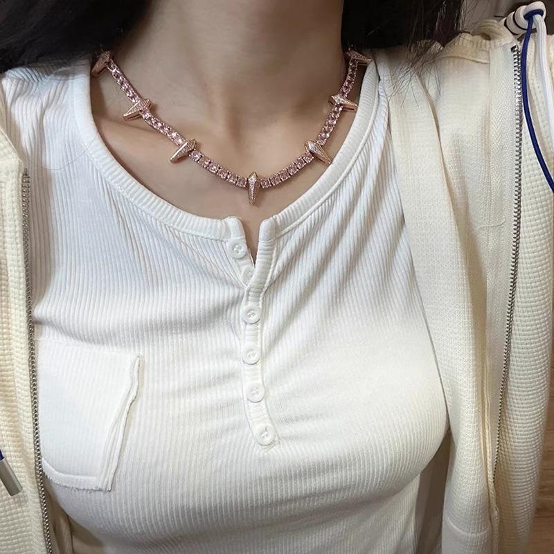 Tooxika Hip Hop Punk Personality Full Diamond Pointed Cone Necklace Street Style Sweet Cool Spicy Girl Collarbone Chain Men And Women Accessories