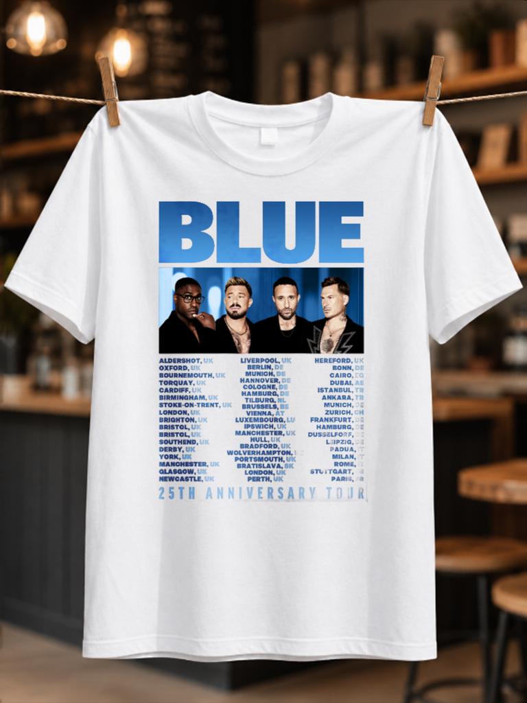 Blue 25th Anniversary Tour Group Portrait With City List And Clean Blue Concert Typography Retro Unisex All TShirt
