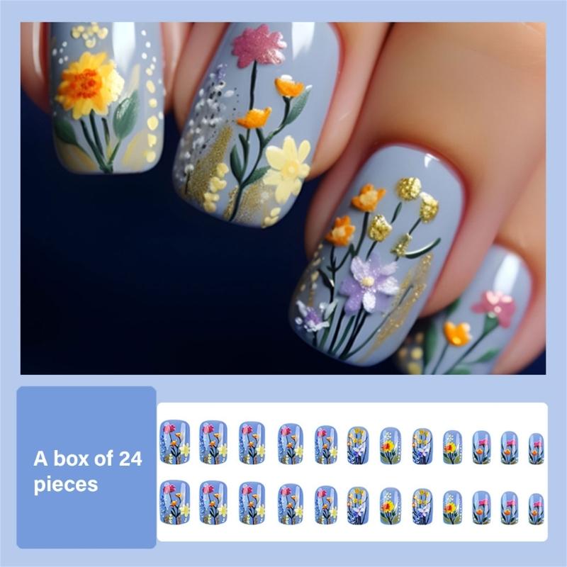 24 Stück Kurze Aufdrücknägel Französisch Quadrat Lila Vollständige Abdeckung Acrylnagel mit Blumendesigns für Frauen und Mädchen