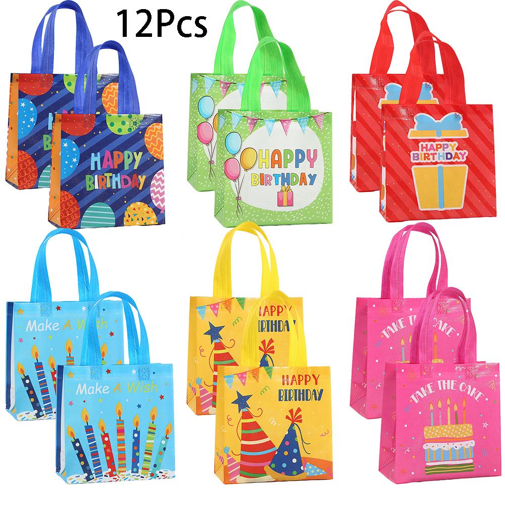 

12Pc Cartoon Happy Birthday Theme Gift Packing Bag Balloon Non-Woven Shopping Tote Bag for Kids Birthday baby shower Party Decor 20x20x9cm