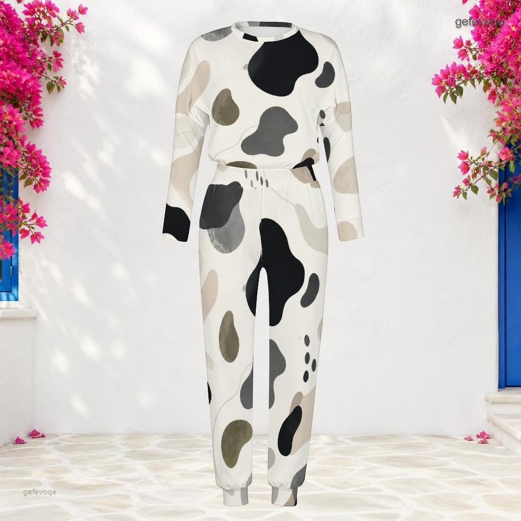 Women Plus Size Blue Printed Round Neck Long Sleeve Two Piece Pants Set Cuffed Top Cuffed Pants With Pockets