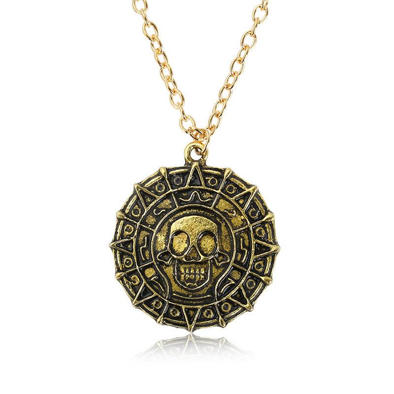 Pirates Of The Caribbean Aztec Gold Color Coin Necklace Retro Skull Pendant Punk Hip Hop Necklace