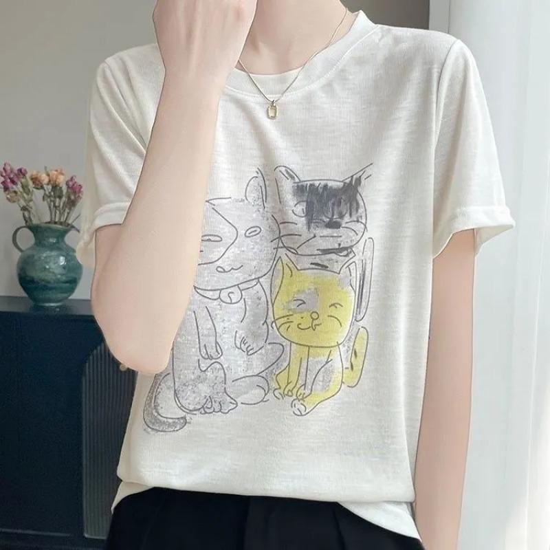 

Женская Милая Футболка с Принтом Трех Котов, Короткий Рукав, Повседневная, Круглый Вырез, Свободный Крой, Летний Топ, Мягкая Ткань Лиоцелл L белый
