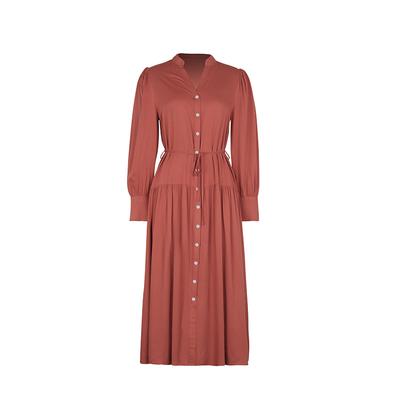 Autumn Women's Fashion Single-breasted Long-sleeved A- Line Dress Solid Color All-match V-neck Mid-waist Dress