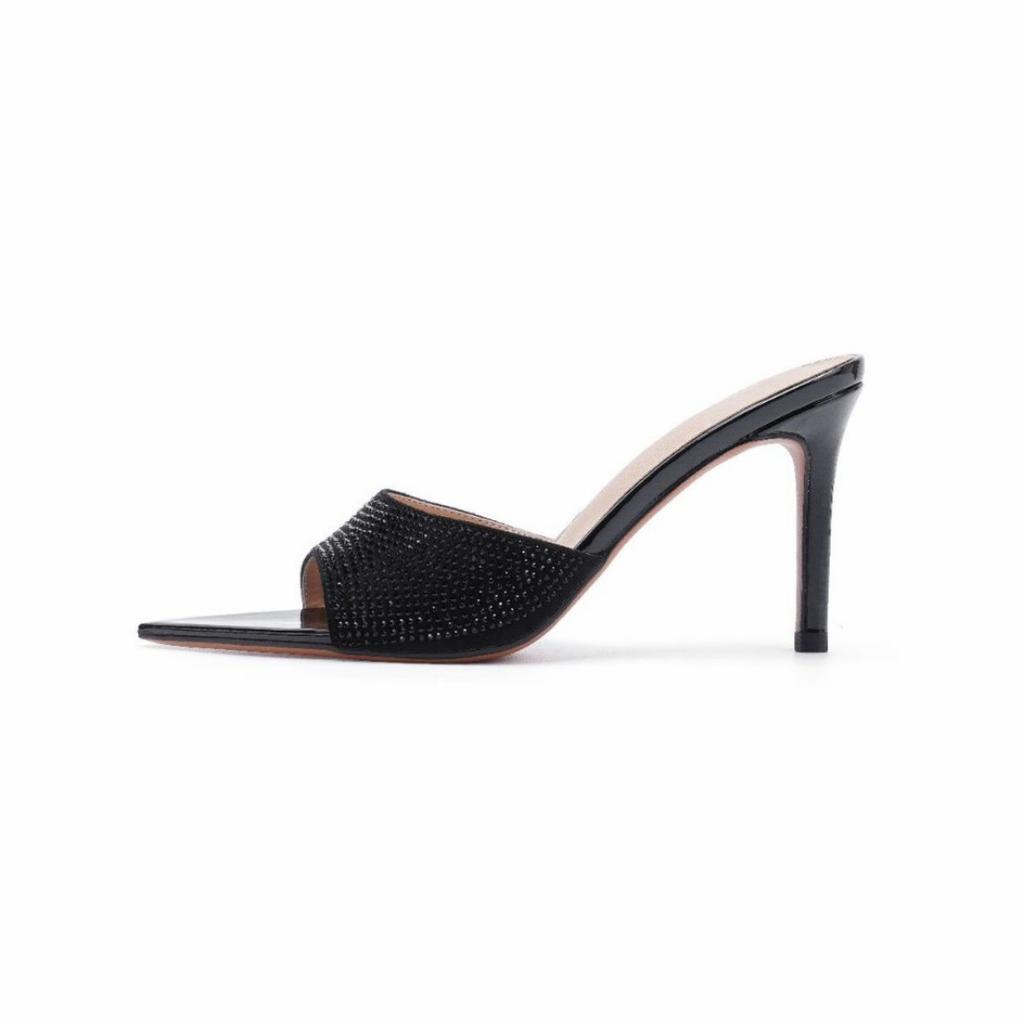 Huizhou 2025 European and American new fashionable full diamond pointed heel one-word drag black sexy open-toed high-heeled slippers