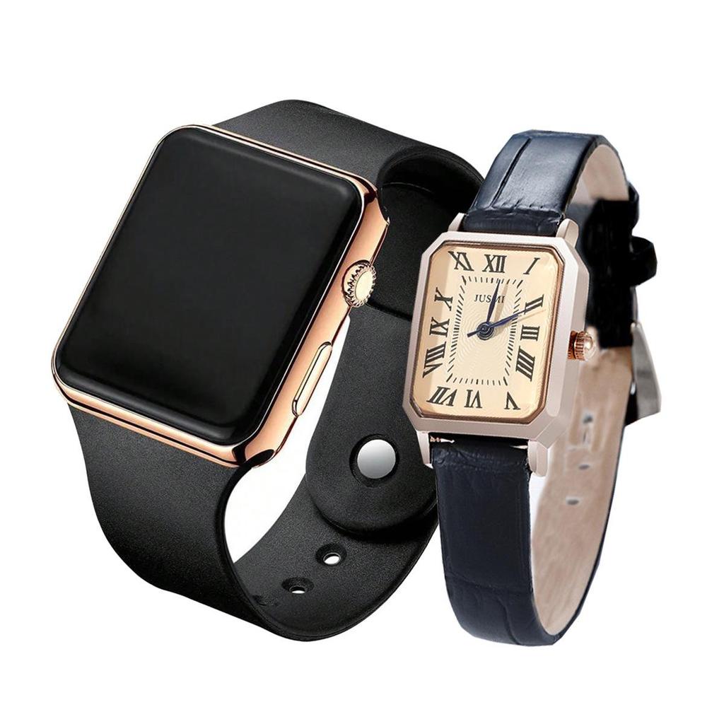 Versatile Retro Quartz Leather Strap Women's Watch + Sports Electronic Watch Set