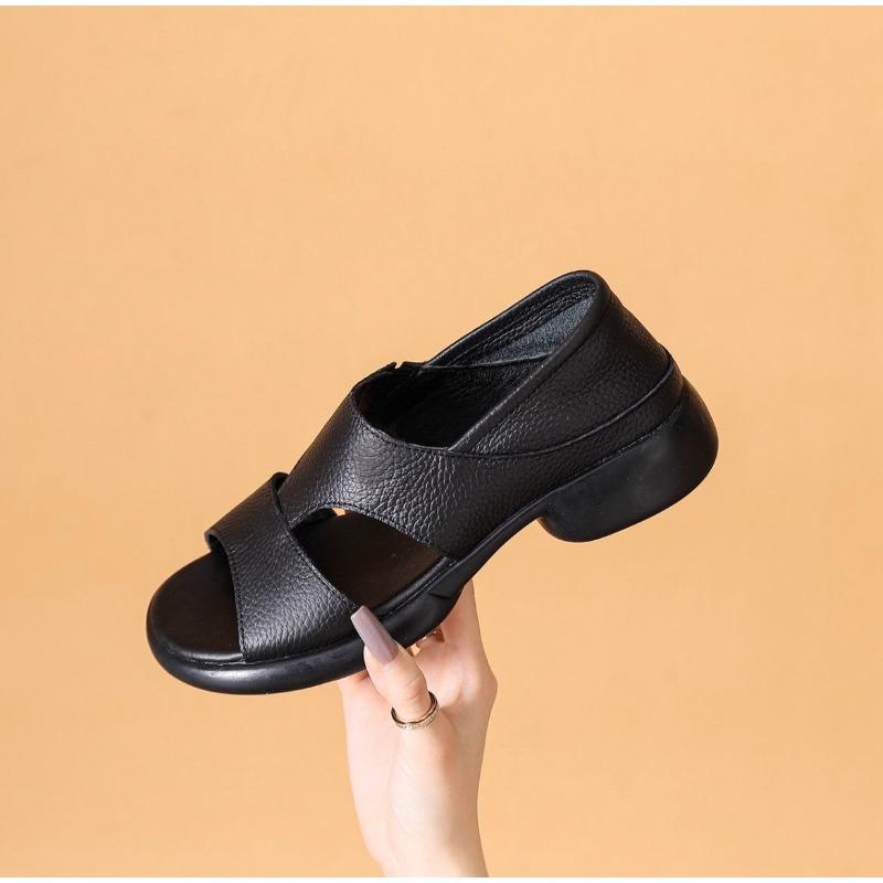 Genuine Leather Women Sandals Summer Casual Shoes Flat Soft Comfort Mother Shoes Yellow Black Plus Size 41