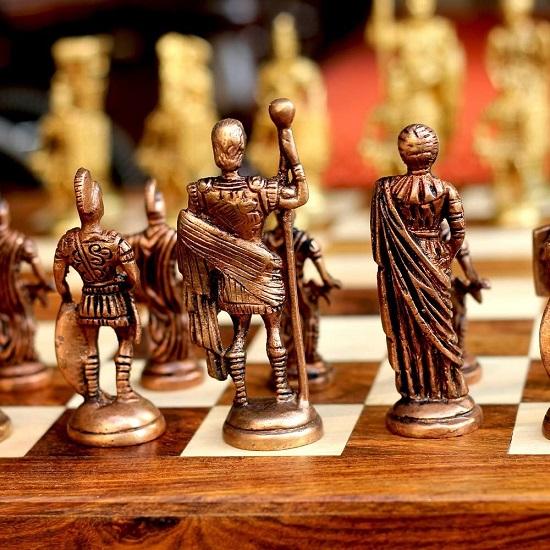 Brass Roman Chess Set with Wooden Board