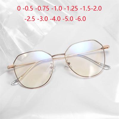 Großer Rahmen Blaulichtfilter Polygon Computerbrille Damen Metall Retro Kurzsichtigkeit Brille Sehstärke 0 -0,5 -0,75 Bis -6,0