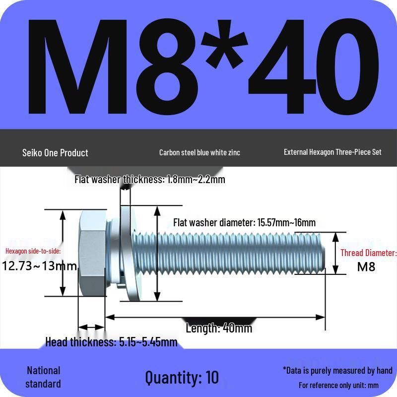 Grade 8.8 Galvanized Hex Bolt Set: Includes Hex Bolt, Spring Washer, Flat Washer (Sizes: M4, M5, M6, M8, M10, M12)