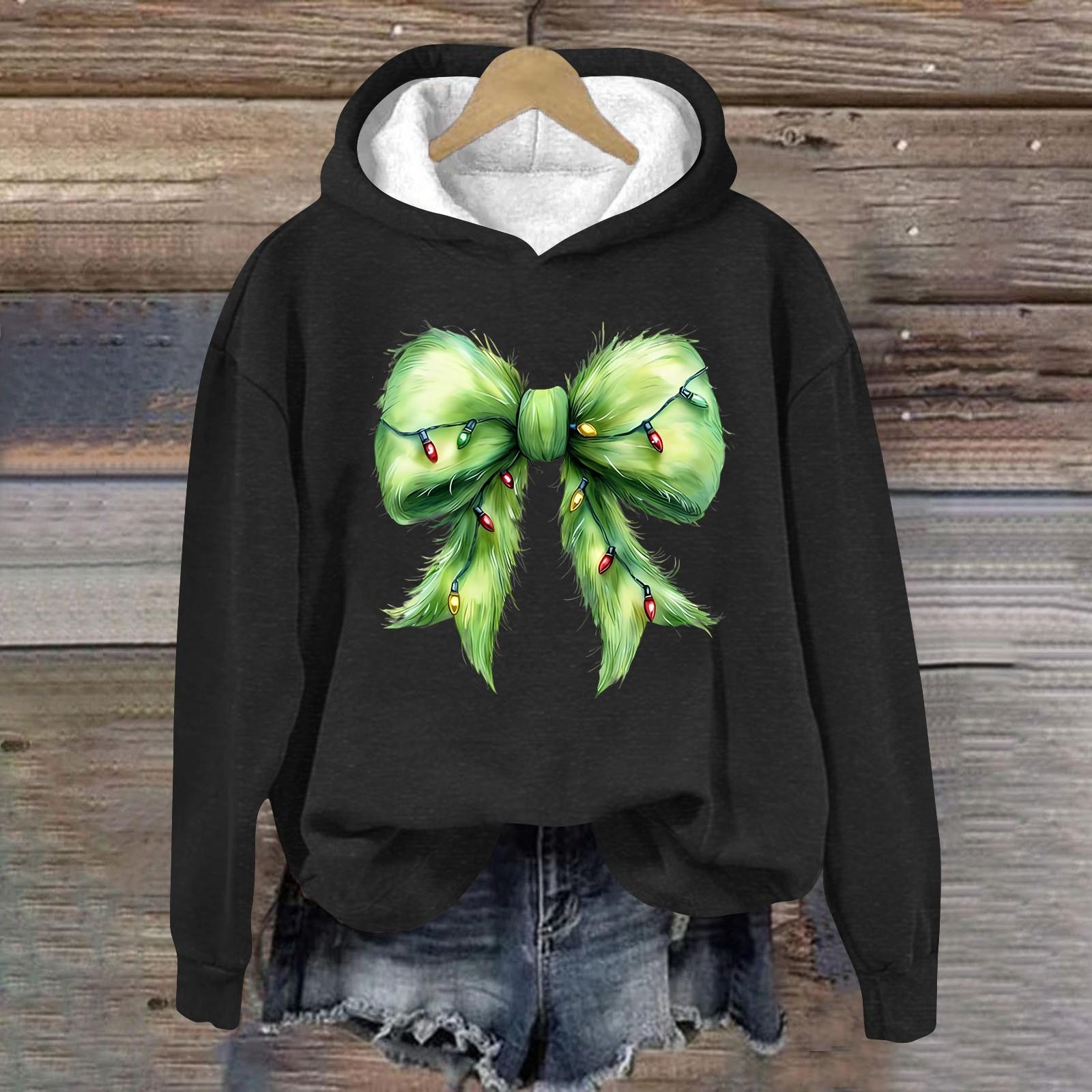 Женская модная повседневная толстовка с капюшоном и длинным рукавом с рождественским принтом и круглым вырезом XXL чёрный