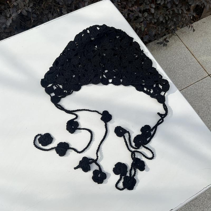

Bohemian hand crochet knitted bag head hat female ethnic style hollow flower fringed hat fashionable and versatile One size fits all (58-60cm) чорний