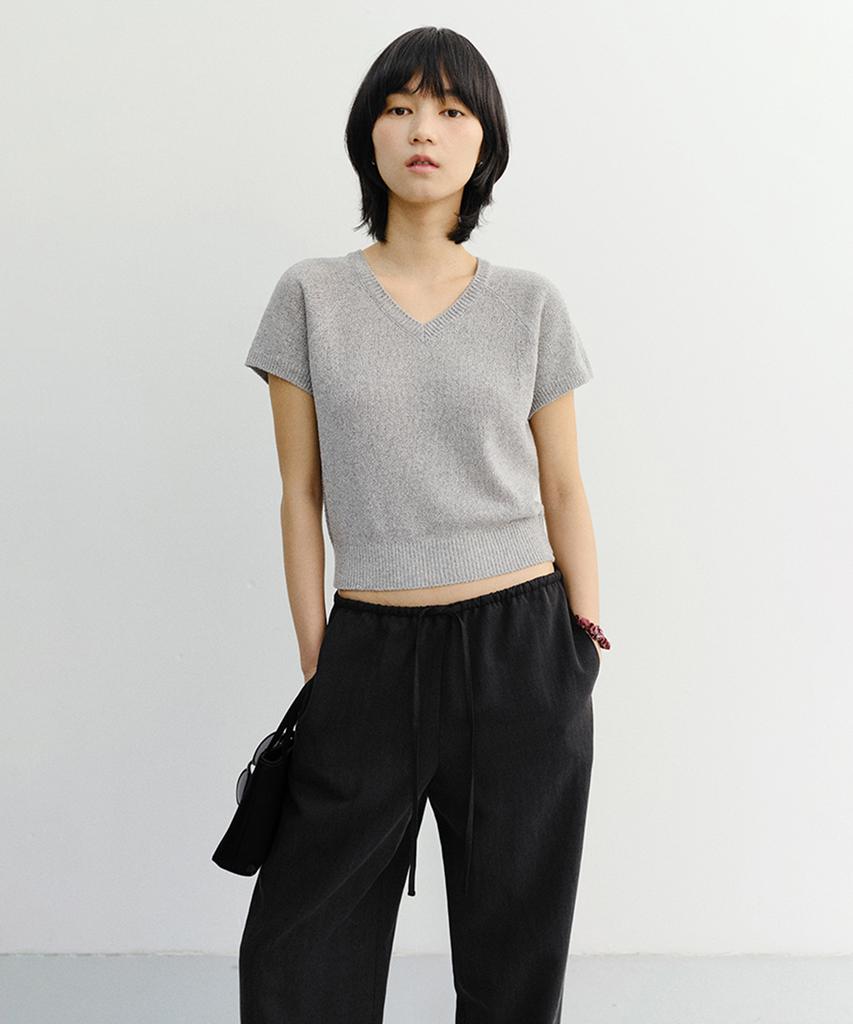 Deonseuteu Summer Linen V-Neck Knit_Udsw6B233_Melange Gray