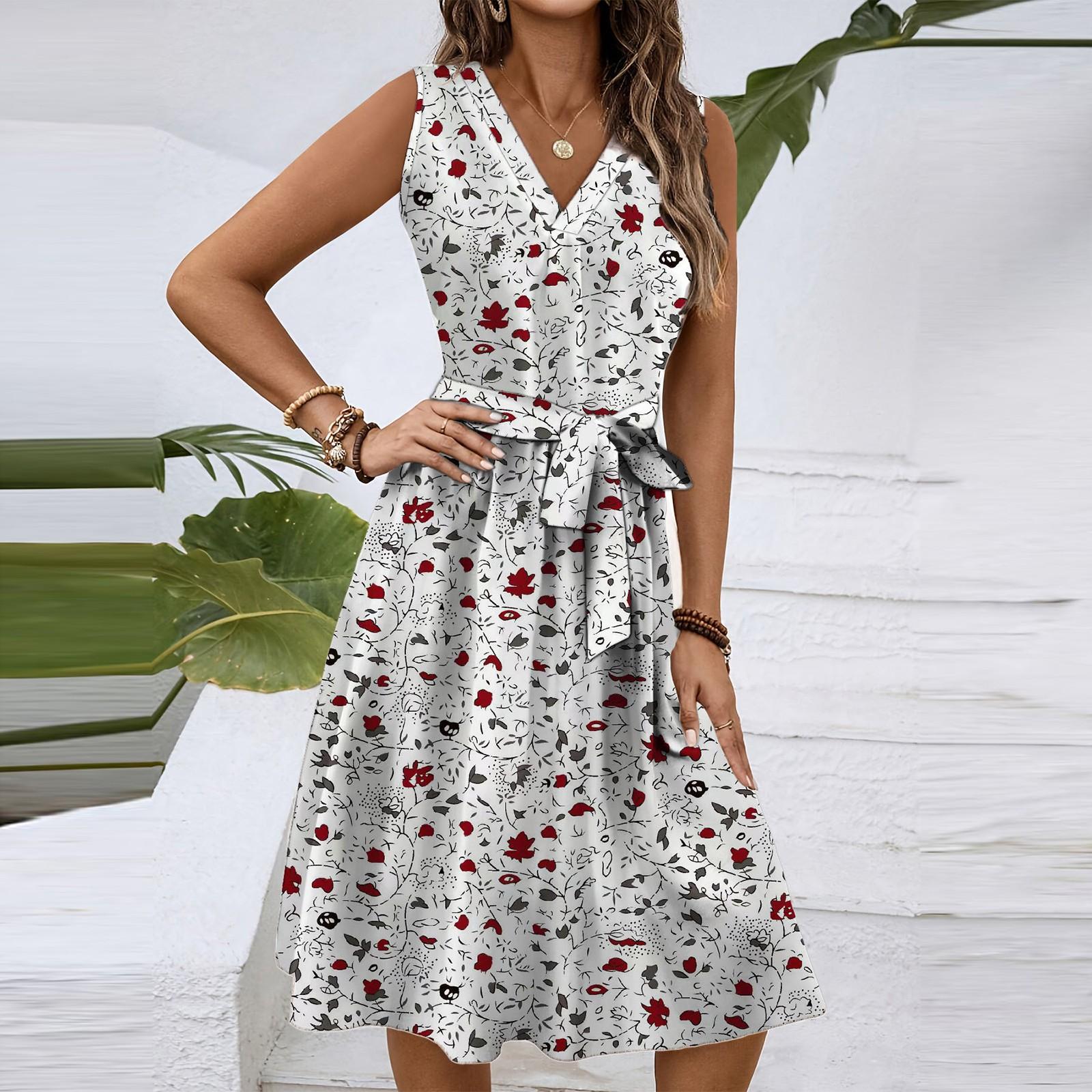 

Женское весенне-летнее повседневное платье миди с V-образным вырезом без рукавов и цветочным принтом на талии XL белый