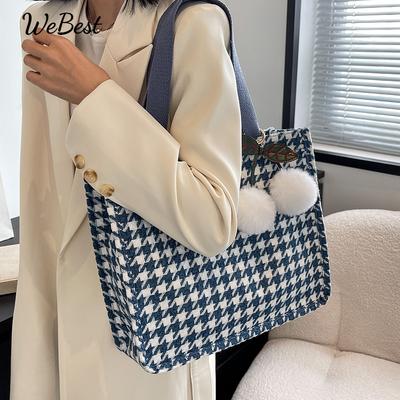 Large Capacity Houndstooth Canvas Tote Shoulder Bag for Students