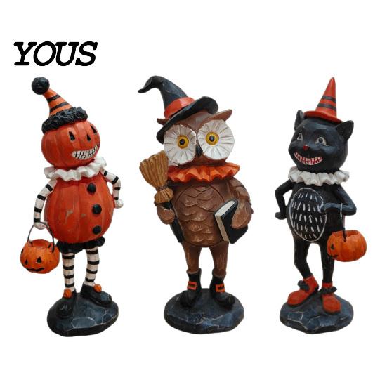 Holiday Fireplace Mantel Decor Wooden Halloween Resin Figurines, Pumpkin Scarecrow Wizard Owl Black Cat Country Style Figurines Statue, Rustic Desktop