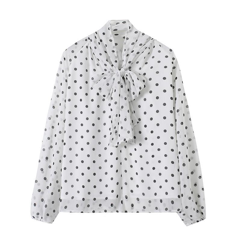 Elegant Women Korean Style Polka Dot Shirt Long Sleeve Bow Tie Collar Blouse Spring Autumn Loose Tops Fashion Sweet Simple Clothing