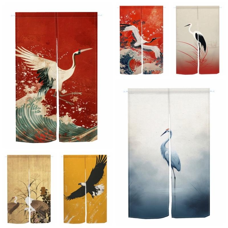 Tonnika Chen Japanese Style Noren Door Curtains Bird Crane Wave Pattern Polyester Split Doorway Curtain Kitchen Entrance Hanging Half Perfect For Cooking Area