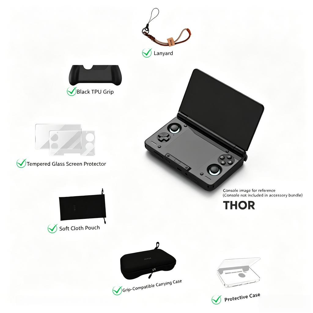 AYN THOR Gaming Console Accessory Bundle Ergonomic TPU Grip + Shockproof Carry Case + HD Tempered Glass Screen Protector