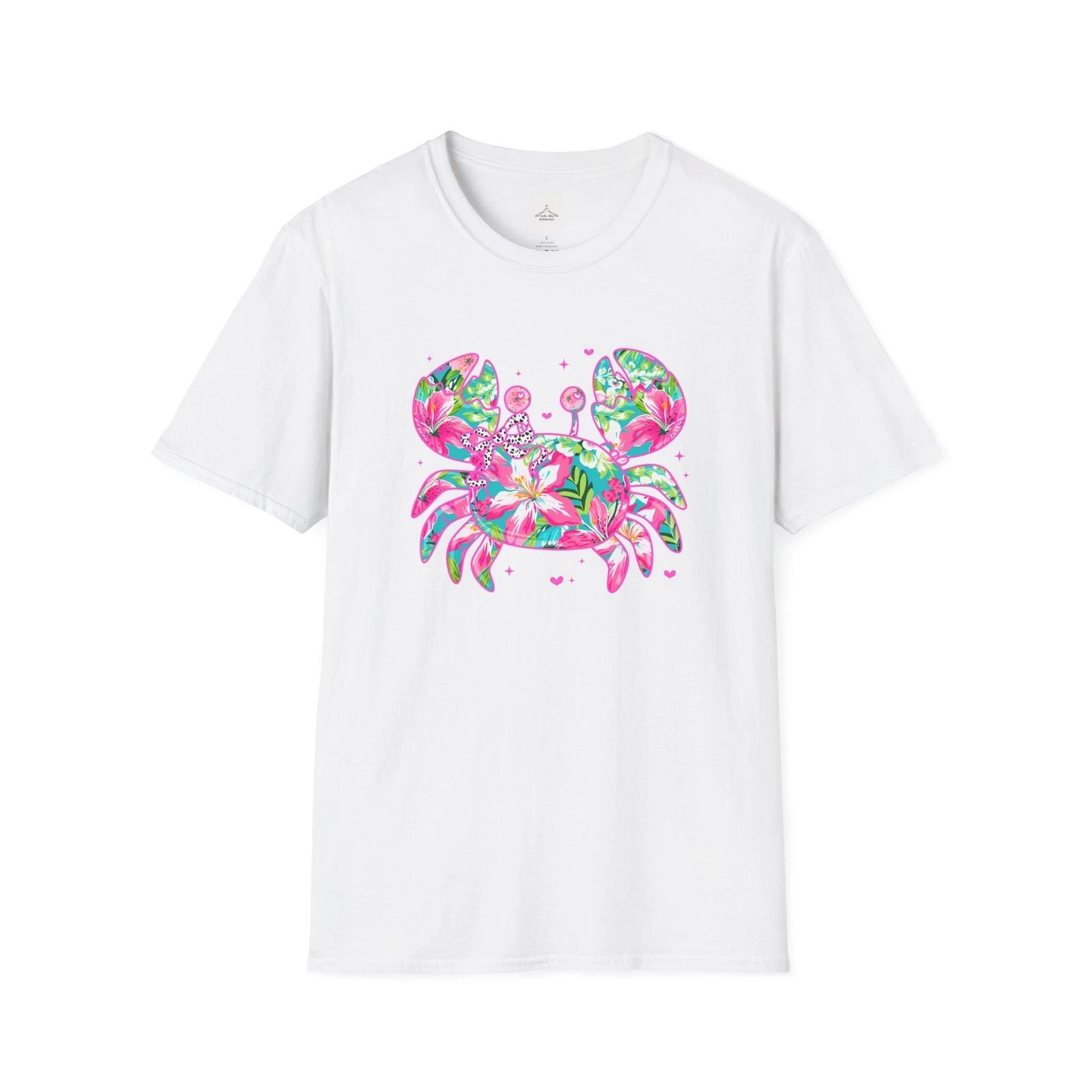 Floral Tropical Crab T-Shirt | Pink Hibiscus Beach Illustration L