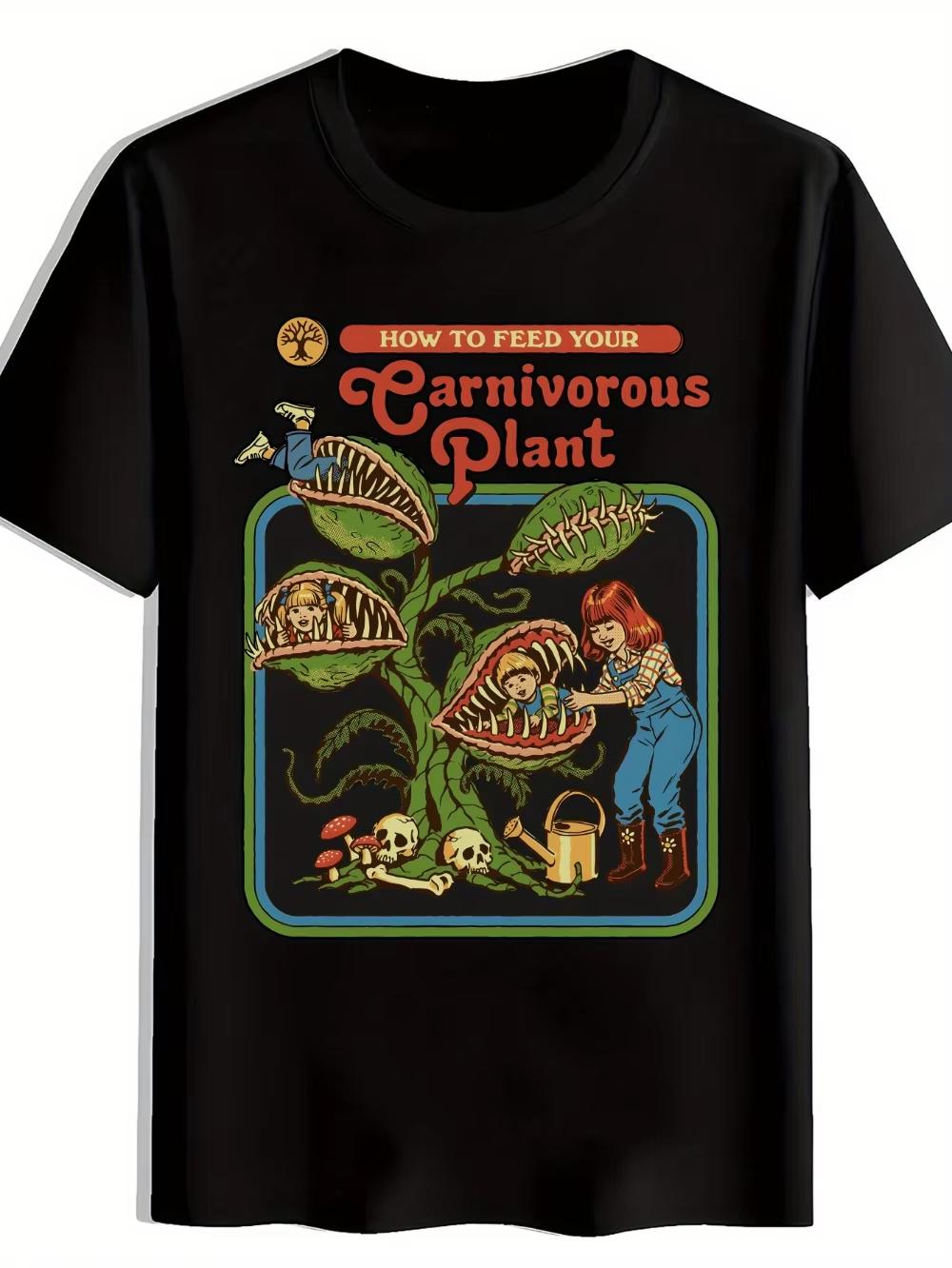 

Men S Casual Graphic T-Shirt with How To Feed Your Carnivorous Plant Design Black Crew Neck Summer Essential for Beach Travel... S разноцветный