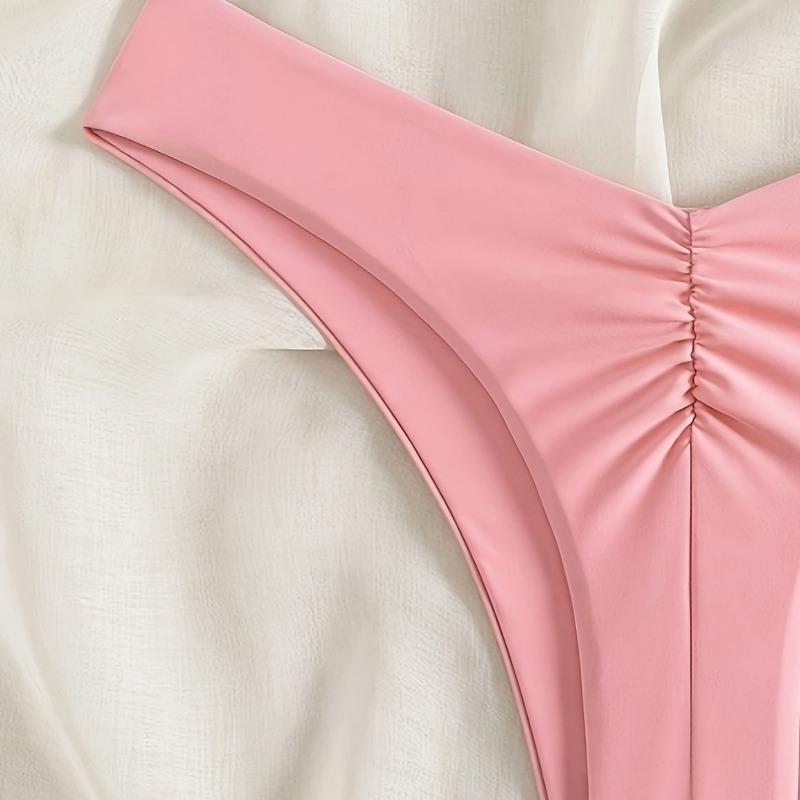 Women's Solid Pink High Cut Thong Bikini Bottom - Ruched Front Swim Bottom