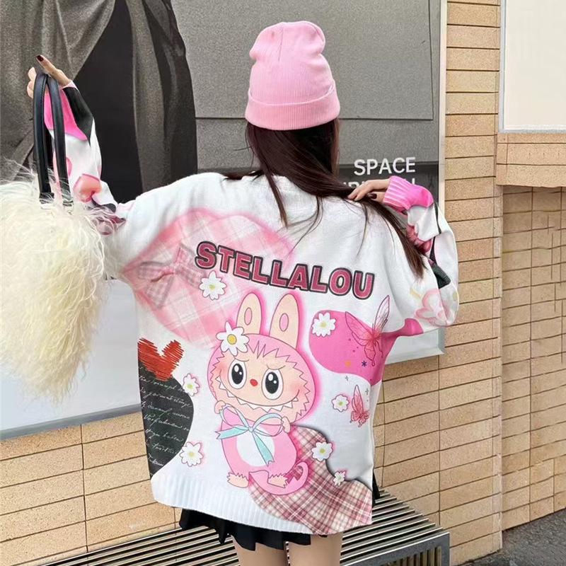 Rhinestone Cartoon Knitwear: Women's 2023 Winter Mink Velvet Loose Round Neck Sweater