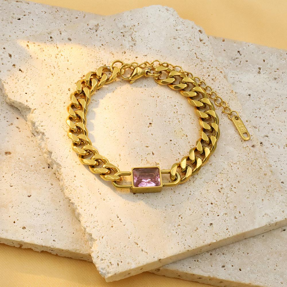 18K Gold Cuban Chain Square Zircon Bracelet, High-End Niche Color Zircon Titanium Steel Bracelet Jewelry.