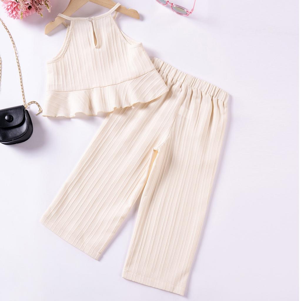 Summer Children Cute Flounder Hem Suspender + Broad LEG Trousers GIRL Casual Top