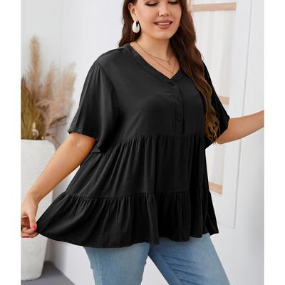 Damen Rundhals Rüschenhemd Kurzarm Locker Lässig Schößchen Sommer T-Shirt Leicht Atmungsaktiv Bequem Modisch Pendeln Plus Hemd