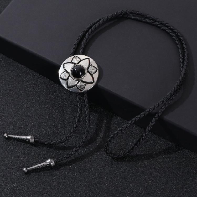 5Pcs Western Cowboy Vintage Flower Stone Pendant Bolo Tie Braided Leather Rope Cord Necktie Necklace Jewelry Neckwear