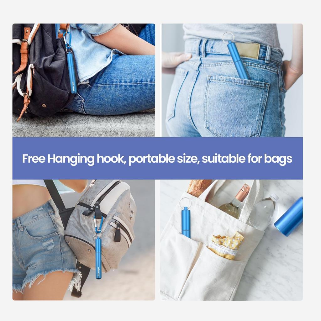 Cruise Ship Essentials,4-Pack reble Collapsible Stainless Steel Drinking Straws with Aluminum Case,Cleaning Brush,and Keycha-Silver,Blue,Red,Green